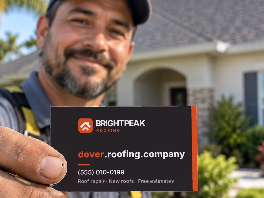 dover.roofing.company on a roofer's business card