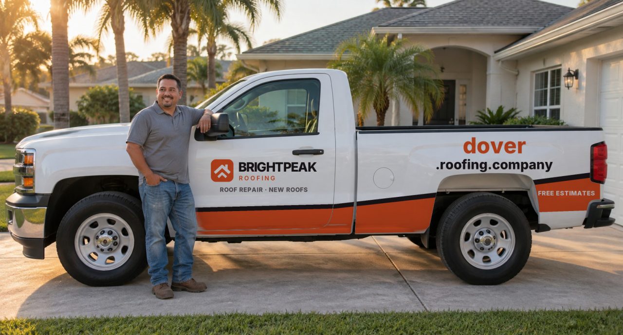 dover.roofing.company painted on the side of a white work truck