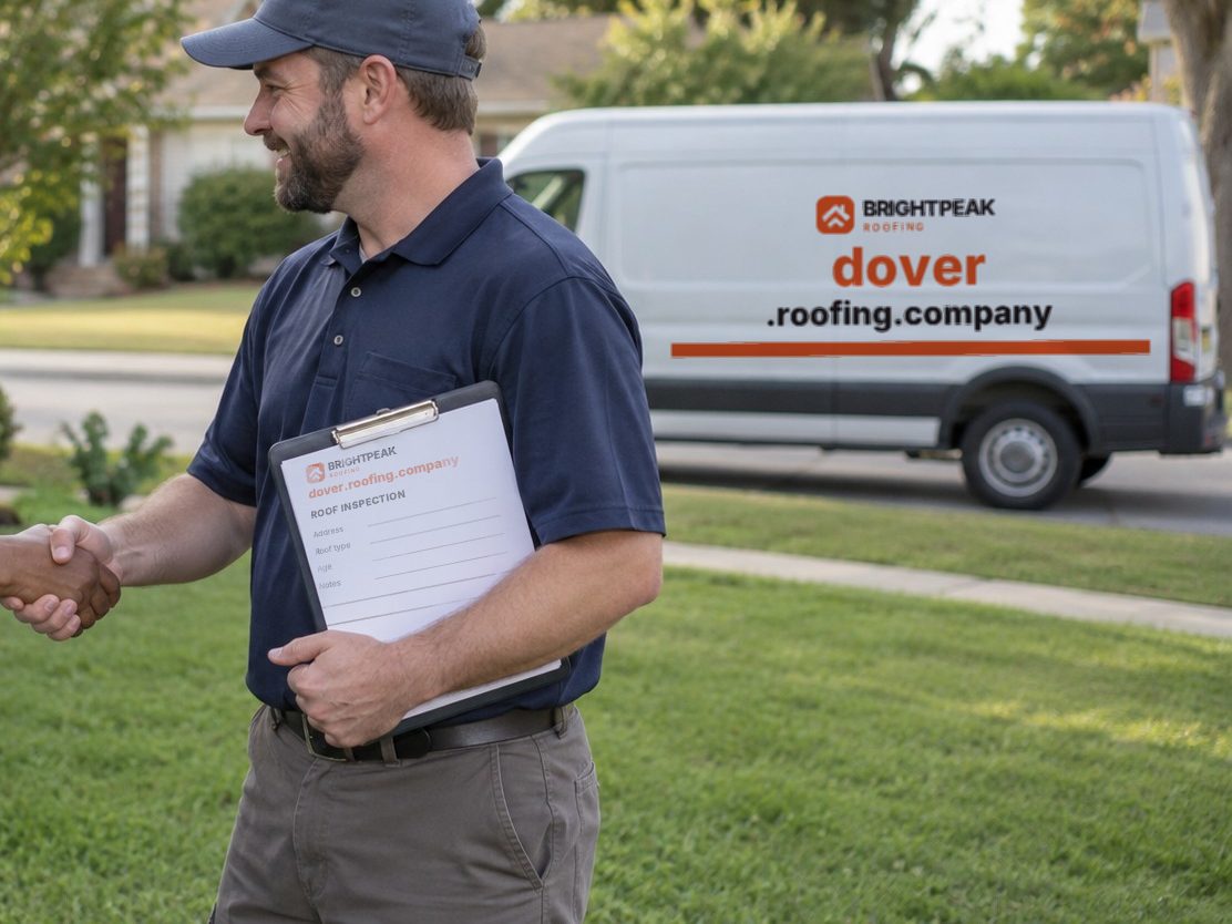dover.roofing.company on a roofing van and an inspection form